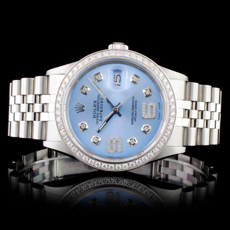 Rolex SS DateJust Diamond 36mm Wristwatch: Estimated Retail Replacement Value: $18,000.00 Ref: WAG16000 Item No.: ARXT010 Specification: Model: DateJust Oyster Perpetual Movement: Perpetual, Self Winding Chronometer Function: Instantaneous Dat