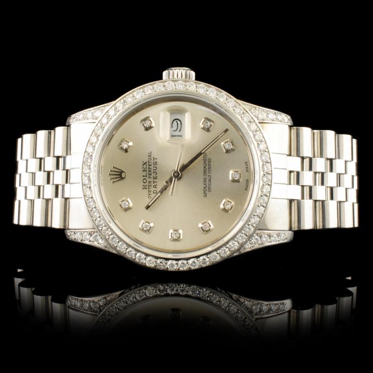 Rolex SS DateJust 1.50ctw Diamond 36MM Wristwatch: Ref: WAG19200 Specification: Model: DateJust Movement: Perpetual, Self Winding Function: Instantaneous Quick Set Date Case Size: 36mm Case Material: Stainless Steel *Case Lugs: Custom Pave diamonds Br