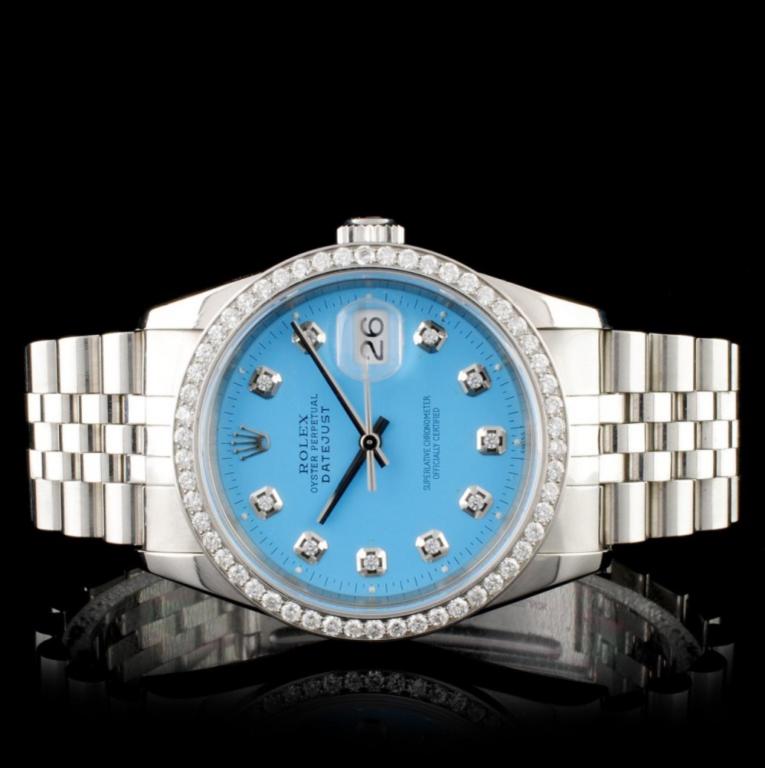 Rolex SS DateJust Diamond 36mm Watch: Estimated Retail Replacement Value: $16,875.00 Ref: WAG16000 Item No.: ARXF003 Specification: Model: DateJust Oyster Perpetual Movement: Perpetual, Self Winding Function: Instantaneous Date Case Size: