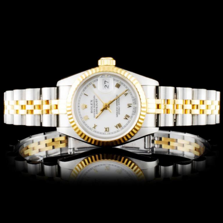 Rolex YG/SS DateJust Ladies Roman Ivory Wristwatch: Estimated Retail Replacement Value: $7,800.00 Ref: WAG12000 Item No.: ARXR0012 Specification: Model: DateJust Oyster Perpetual Movement: Perpetual, Self Winding Chronometer Function: Instantaneous Dat