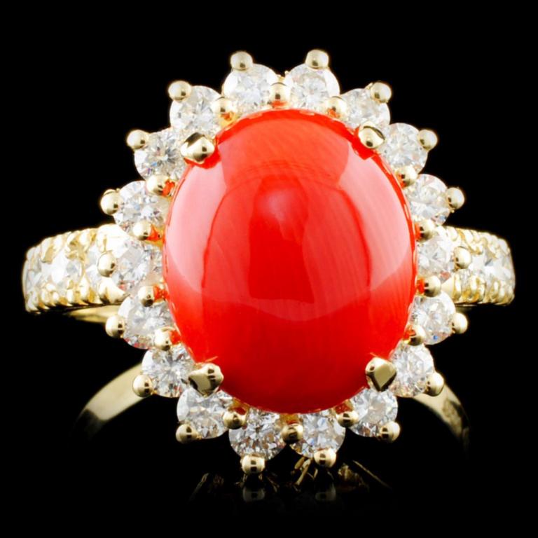 14K Gold 2.50ct Coral & 1.20ctw Diamond Ring (1 of 4)
