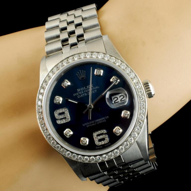 Rolex DateJust 1.35ctw Diamond 36MM Wristwatch: Ref: WAG18000Specification:Model: DateJust Movement: Perpetual, Self WindingFunction: Instantaneous Quick Set DateCase Size: 36mmCase Material: Stainless Steel Bracelet Materials: Stainless Steel Brac
