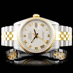 Rolex YG/SS DateJust 36mm Ivory Pyramid Wristwatch: Estimated Retail Replacement Value: $10,500.00Ref: WAG14000Item No.: ARXR004Specification:Model: DateJust Oyster PerpetualMovement: Perpetual, Self Winding ChronometerFunction: Instantaneous DateCase