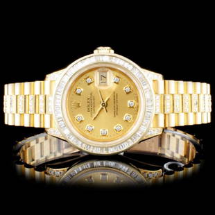 Rolex 18K YG DateJust 4.00ct Diamond Ladies Watch: Estimated Retail Replacement Value: $54,000.00Ref: WAG48000Item No.: ARXQ007Specification:Model: Rolex 18K YG DateJust Oyster Perpetual WatchMovement: Perpetual, Self Winding ChronometerFunction: