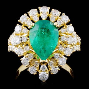 18K Y Gold 2.12ct Emerald & 1.68ct Diamond Ring: Estimated Retail Replacement Value: $18,600.00Ref: WAG7440Item no.: FA2054193005-BR6384AEGold Content: 18K Yellow GoldWeight of Item: 5.71 gramsSize: 7.5Main Gemstone: Natural EmeraldShape: Pear