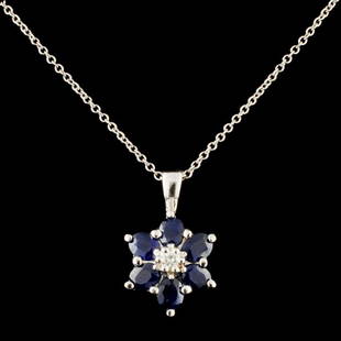 14K Gold 1.68ct Sapphire & 0.05ctw Diamond Pendant: Estimated Retail Replacement Value: $2,345.00Ref: ARA1340Item no.: DAG-5/068-2368Specification:Gold Content: Solid 14K White GoldWeight of Item: 2.90 gramsSize: 18 inchesCountry Made: U.S.AMain