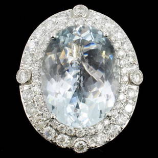 18K Gold 15.18ct Aquamarine & 2.45ct Diamond Ring: Estimated Retail Replacement Value: $29,724.00Ref: WAG11888Gold Content: 18K White GoldWeight of Item: 14.8 gramsMain Gemstone: AquamarineQuantity: 1 counts Shape: OvalWeight: 15.18 ct