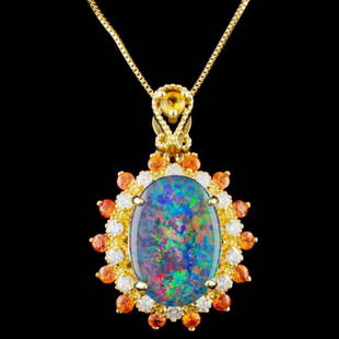 14K Gold 2.50ct Opal & 0.35ctw Diamond Pendant: Estimated Retail Replacement Value: $3,200.00Ref: WAG4800Item no.: ARA8030Specification:Gold Content: Solid 14K Yellow GoldWeight of Item: 3.50 gramsSize: 16 inchesCountry Made: U.S.AMain Gemstone: