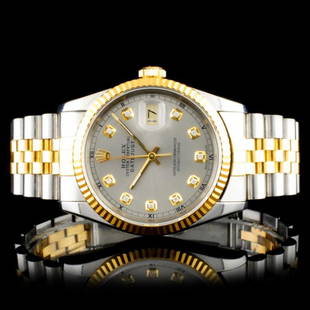 Rolex DateJust YG/SS Diamond 36MM Wristwatch: Estimated Retail Replacement Value: $12,750.00Ref: BAS15000Item No.: ARXAA-0004Specification:Documents: Appraisal ReportModel: DateJustMovement: Perpetual, Self WindingFunction: Instantaneous Quick