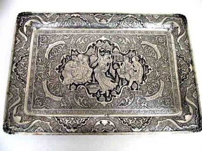 Magnificent 20" Persian Silver Metal Serving Tray: Large Persian Silver Tray with Beautiful Engraving and a handwritten poem, Signed. Weight 1845 grams. Exact silver metal content unknown, minimum 50%. Dimension: 19.5" x 13.5"