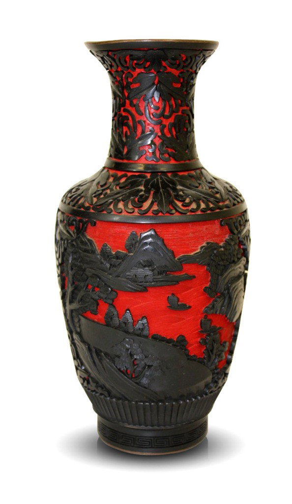 Asian Carved Cinnabar Lacquer Vase Landscape: CINNABAR LACQUER VASE CARVED WITH BLACK & RED LANDSCAPES An attractive cinnabar lacquer vase carved through many layers of lacquer, the resin of the lacquer tree. Most frequently, this art form was do