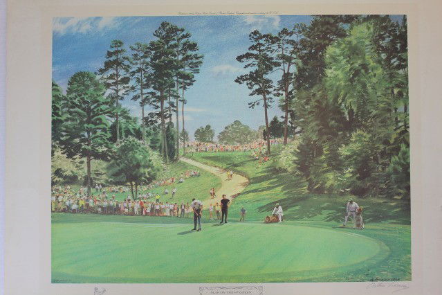 Arthur Weaver PLAY ON THE 6TH GREEN Masters Golf: SIGNED ARTHUR WEAVER PRINT "PLAY ON THE 6TH GREEN. THE MASTERS 1968 -GARY PLAYER WATCHES FRANK BEARD" HAS THE HAND SIGNED SIGNATURE ON BOTTOM RIGHT (SEE PICTURE) PUBLISHED IN 1969 BY VENTURE PRINTS LI