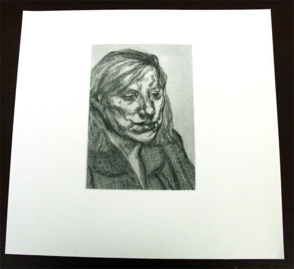 Lucian Freud etching Titled "Bella" 10"X10": LUCIAN FREUD restrike etching on heavy woven paper; there is a deep indented plate mark surrounding the image which you can both see and feel; with generous margins surrounding the image and measuring