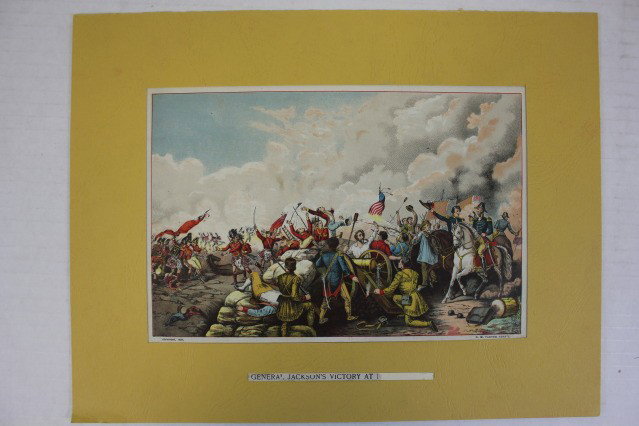 General Jacksons Victory New Orleans DM Carter: Fine Color Chromo Lithograph from 1892 depicting the Battle of New Orleans January 8th, 1915 by D. M. Carter Pinx't. Matted and mounted to a heavy card. Dims 10X13" Image size 9" X 6"