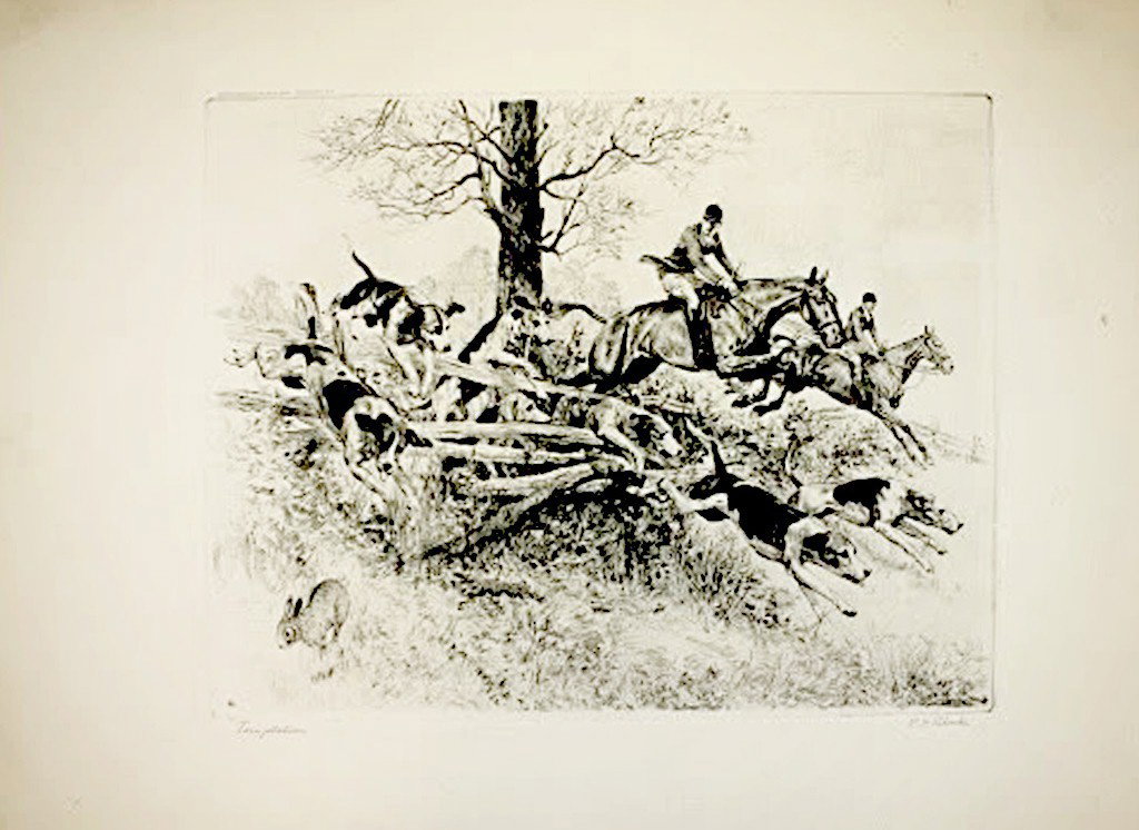 R H Palenske Temptation Drypoint Talio-crome Brown Bige: Nice drypoint in b&w of a fox hunt interrupted by a scared rabbit, printed in the 1940's by brown & bigelow, printed in the usa, dimensions 16" x 12. 25"