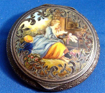 Austrian Guilloche Enamel Sterling Silver Compact Lady : Stamped Made In Austria STERLING Dimensions 2.5" diameter 60g total weight