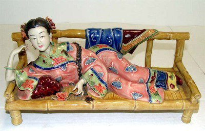 Porcelain Lady Reclining On A Couch in a Beautiful Kimo: 10 inches by 4 inch w52 Mint Condition