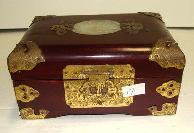 Large Red Wood Jewelry Box with carved Jade Stone Inlay: Wood and jade stone, dims 7" by 5