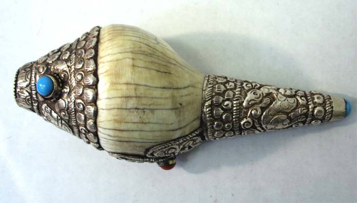 Nepalese Ritual Conch Shell Silver (Sankha) 5": This wonderful Ritual Conch Shell is beautifully carved with sterling silver and added coral and turquoise for decoration. Dimensions 5" by 2.5"