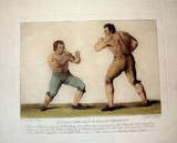 Boxing Match Between Thomas Johnson & Isaac Perrins 178: Large HAND COLORED re-strike of famous Boxing engraving by J. Grozer, after C.R. Ryley & G.Metz. Paper size 22" by 16", image 10.5" by 14". Excellent condition