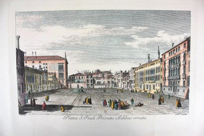 1735 Platea S. Pauli Privatis Aedibus Ornata Etching By: Antonio visentini's etching is a magnificent example of his work and of of the great eighteenth century art of canaletto. This etching is printed upon heavy woven paper and with full margins as publis