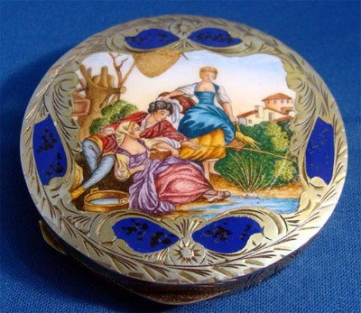 Man Fishing By Stream W 2 Ladies Italian Silver Compact: Beautiful enamel painting framed with an elaborate etched silver and carnelian blue enamel accents. Stamped "made italy" diameter 3. 25" weight 70g