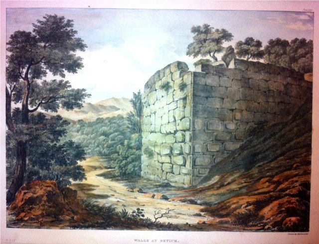 Walls At Setium By Hullmandel Handcolored Antique: One of a series printed by charles joseph hullmandel, british, (1789–1850) from a folio of studies of ruins c1830-40, hand colored lithograph. Dimensions 18x13", image dims 9" by 14", plate #118, ti