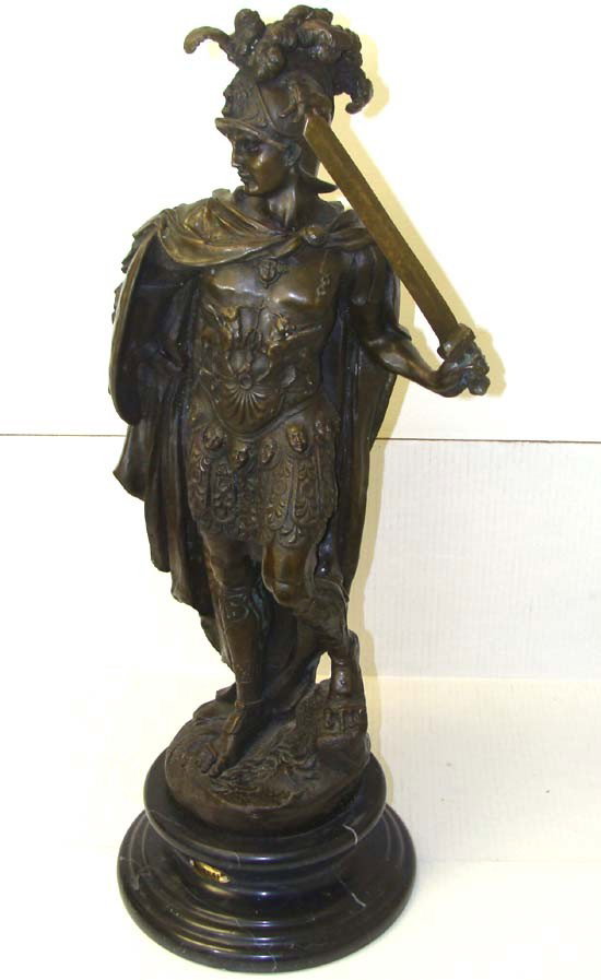 Antique European Bronze Roman Soldier Signed Moreau: French Auguste Moreau bronze from the Beverly Hills Lee Estate collection, dimensions 30" tall by 13" wide. On a round black marble base. Signed in the bronze "Moreau".