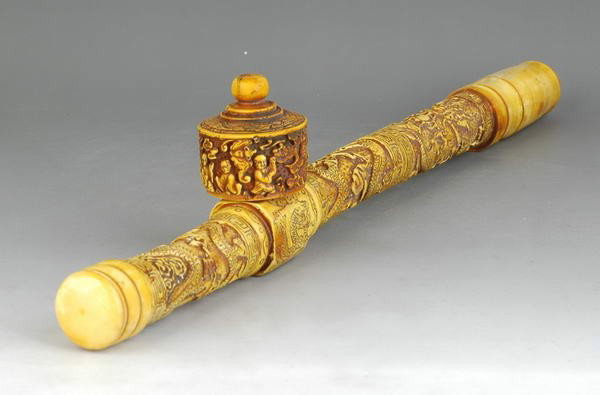 Chinese Carved Dragons Ox Bone Opium Pipe: Very detailed carvings, 15" Long