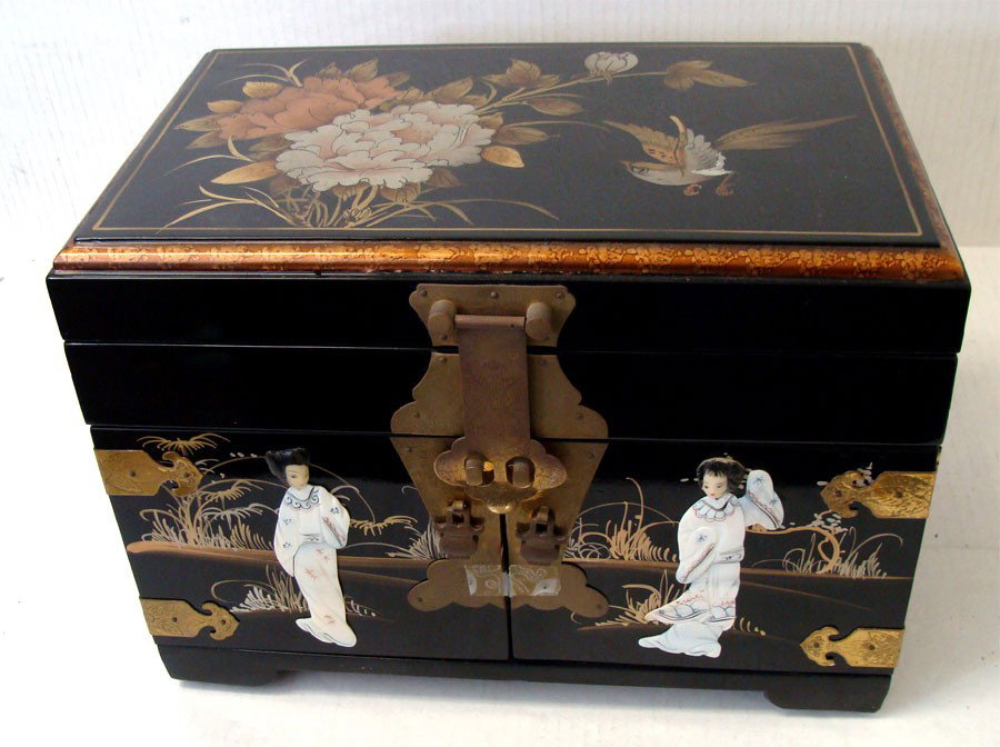 Large Chinese 3 Drawer Jewelry Chest w Mirror: Front is decorated with cardved jade insets of 2 women, top is hand painted floral, chest is lacquer over wood. Dimensions 14" by 9" by 10",