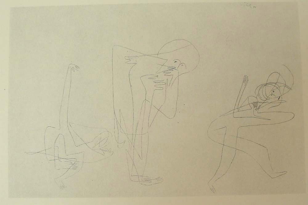 "She Is Leaving Us" Print From Drawings of Paul Klee: In original German "Sie verlässt uns" from a pen drawing 1928. From a limited edition of 700 copies, printed in 1944 by Meriden Gravure Co, Meriden Connecticut. Dimensions 12" by 9"