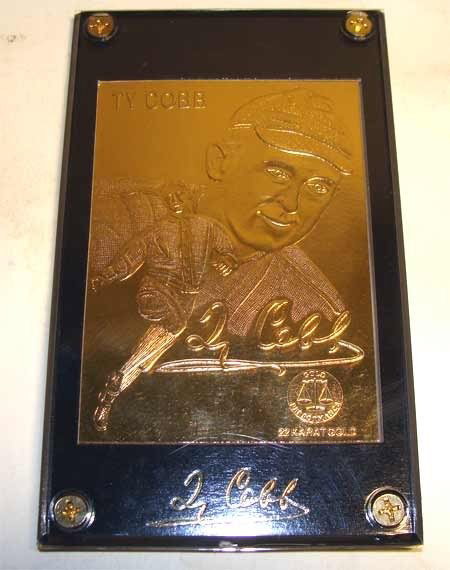 3 Gold 22k Baseball Cards Ken Griffey, Mays & Ty: 1- 22k gold ty cobb baseball card in plexiglass 1- 22k gold ken griffey jr baseball card in plexi 1- 22k gold willie mays baseball card in case each baseball card is encased in pure 22k gold and then