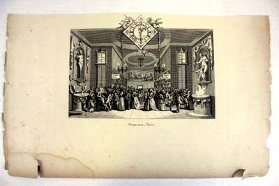 Masquerade Ticket" Black & White Engraving 19th Century: Depicts a masquerade ball in a grand hall, extremely detailed engraving, paper dimensions 19" x 11. 5", image 12" by 8", edges have minor tears in the side margins, larger tears and water stain in the