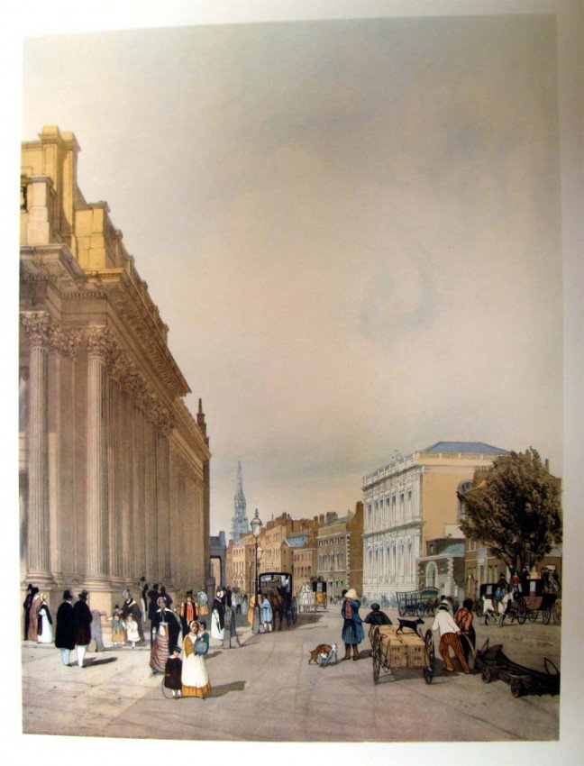 Board of Trade Whitehall from Downing St Shotter Boys: One of several in this auction, these are Gorgeous 7-color offset lithographs from 1954, after the original lithographs from 1842, which were colored by Thomas Shotter Boys. Large and beautifully prin