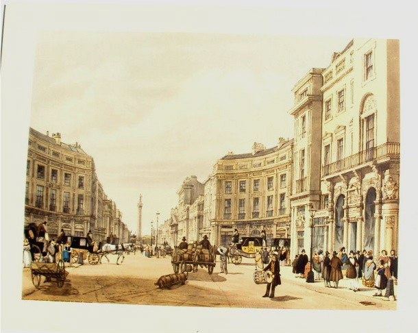 Regent's Street, Looking Towards the Duke of York BOYS: One of several in this auction, these are Gorgeous 7-color offset lithographs from 1954, after the original lithographs from 1842, which were colored by Thomas Shotter Boys. Large and beautifully prin