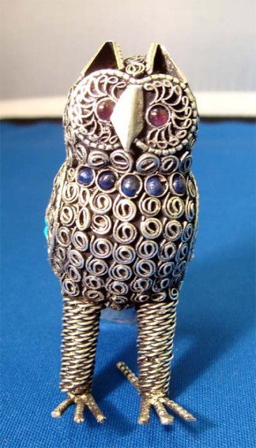 Himalayan Miniature Filigree Owl Figurine 3": Intricate handcrafted nepalese handcraft with coral and turquoise, dims 3. 0" x 2. 0"