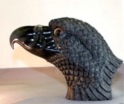 Carved Stone Eagle Head Asian Artist Gilbert Lam: Black Obsidian Stone Eagle Head, carved by artist Gilbert Lam. Wonderful detail, masterful stone carving. One of a kind, signed by the artist. Weight 5lbs. 3oz Dimensions: 6" tall x 8" wide Antique Co