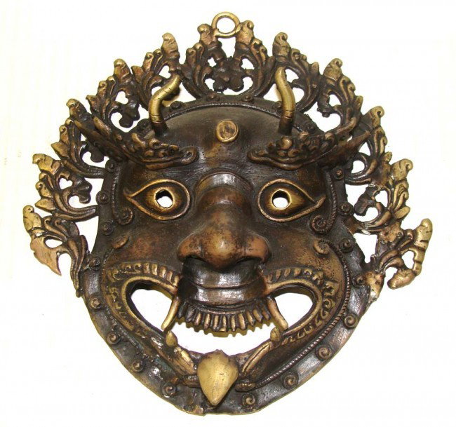 Antique Bronze Shiva Mask Nepal 9": A great example of a cast bronze antique Nepalese mask, dimensions 9" by 9", from the Beverly Hills Lee Estate collection of Masks.