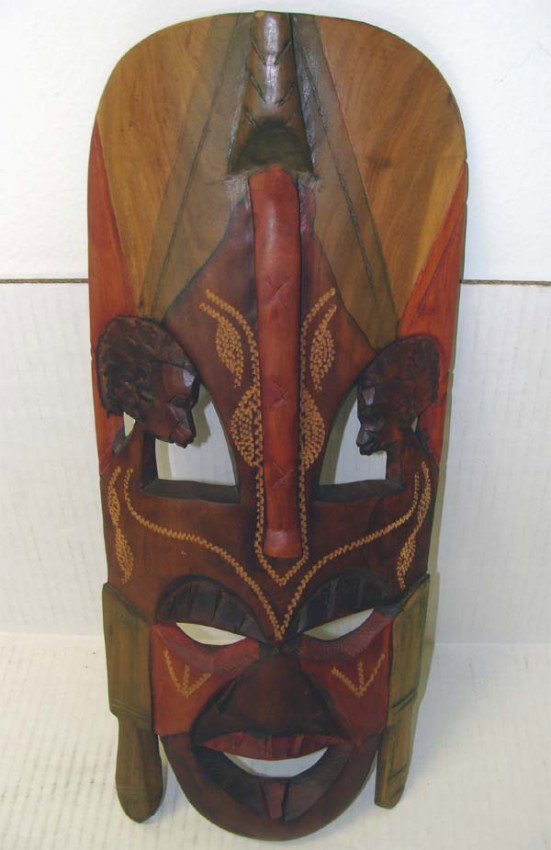 Antique Kenya African Carved Stained Wood Mask 19": Beautifully carved and stained antique wood mask from Kenya, from the Lee Estate collection of Masks. Dimensions 19" by 8"