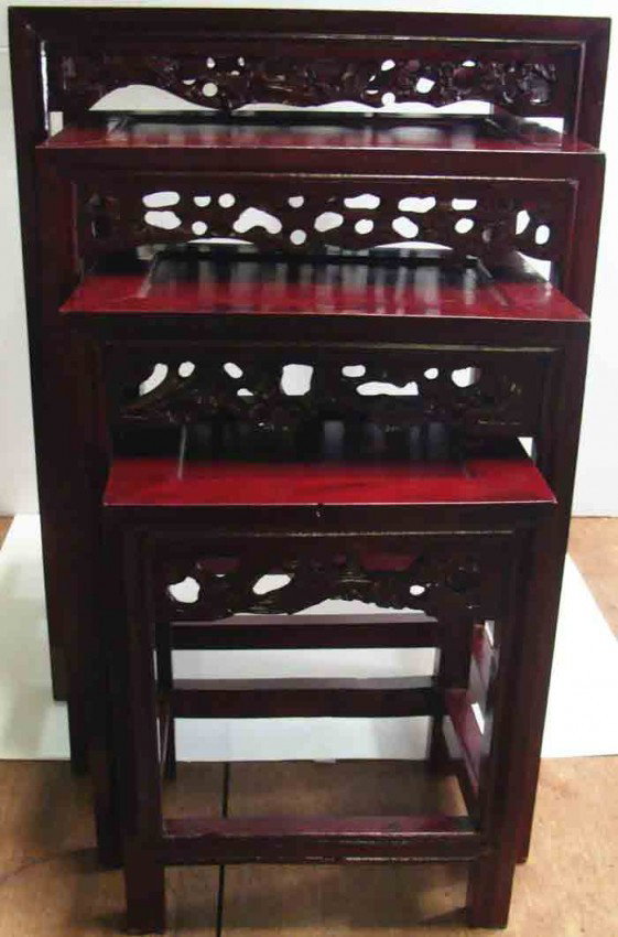Set of 4 Chinese Hand Carved Nesting Red Wood Tab: Largest dimensions 19.5" x 14" x 25.5", nice chinese design, excellent condition.