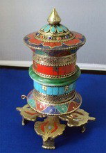 Tibetan Large Buddhist Ceremonial Table Prayer Wheel: Intricate handcraft with turquoise, lapis, carnelian, silver, jade stone and coral, A prayer wheel is a holy object containing the Tibetan mantra "Om! Mane Padme Hum!" ("Hail! Jewel in the Lotus!") wr