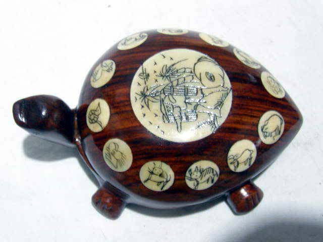 Chinese Carved Redwood Fengshui Turtle Case w Compass: Nicely carved Turtle / Compass. 12 Animals inset in etched bone. Compass works! Dims 4" by 3"