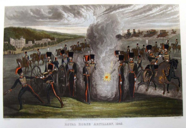 Royal Horse Artillery 1843 by John Grant Aquatint 16X10: Another Magnificent oversized hand colored aquatint engraving is inscribed: "Royal Horse Artillery, 1843", Hand Colored Lithograph by John Grant to illustrate the Army and Navy Register and Woolwich G