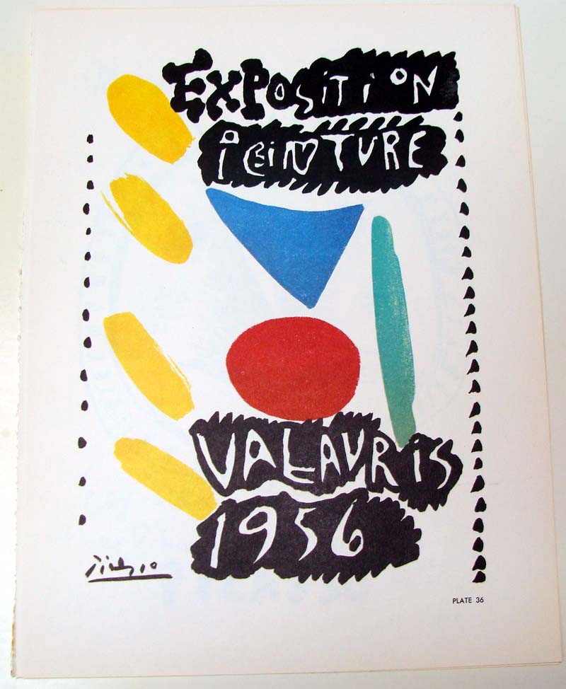 Picasso Exposition Peinture Vallauris 1956 after Poster: This is an original 5 color lithograph after a 1956 poster by Pablo Picasso. The legendary Fernand Mourlot publishing house in Paris pulled a limited amount of miniaturized versions of various exposit