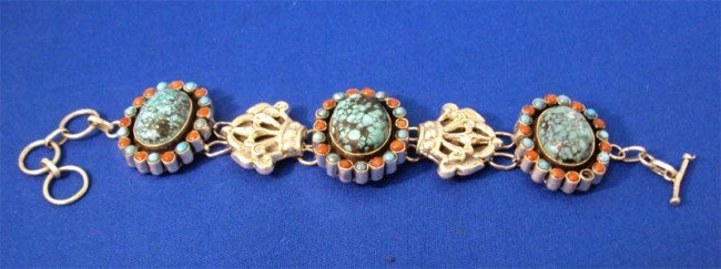 Sterling Silver Bracelet Nepal Engraved Turquoise 8": Handcrafted silver and turquoise from Nepal 8" Length