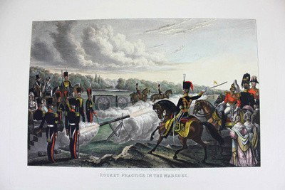 "rocket Practice In The Marshes" Color Engraving Aquati: Magnificent oversized hand colored aquatint engraving is inscribed: published by j grant woolwich "to illustrate the army and navy register and woolwich gazette for 1845. Excellent condition, printed 