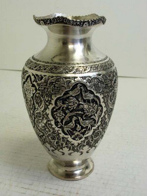 Enscribed Persian Silver Vase 350g Engraved Marked 84: Marked 84% silver. Inscription: "to irene 28-9-1961, jo remember me" dimensions 7. 5"x4" weight 350grams exact silver metal content percentage unknown, guaranteed minimum 50%.