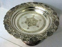 Large Standing Persian Silver Serving Round Tray: Signed 9"tall top:13" bottom:6. 5", weight 1640 grams