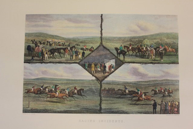 Hand Colored Engraving Racing Incidents WJ Shayer: Wonderful English racing Composition shows five scenes of the Horse Race, this is a hand colored Lithograph after one printed in London July 21st 1876 by Arthur Ackerman, Regent Street, London. Origin