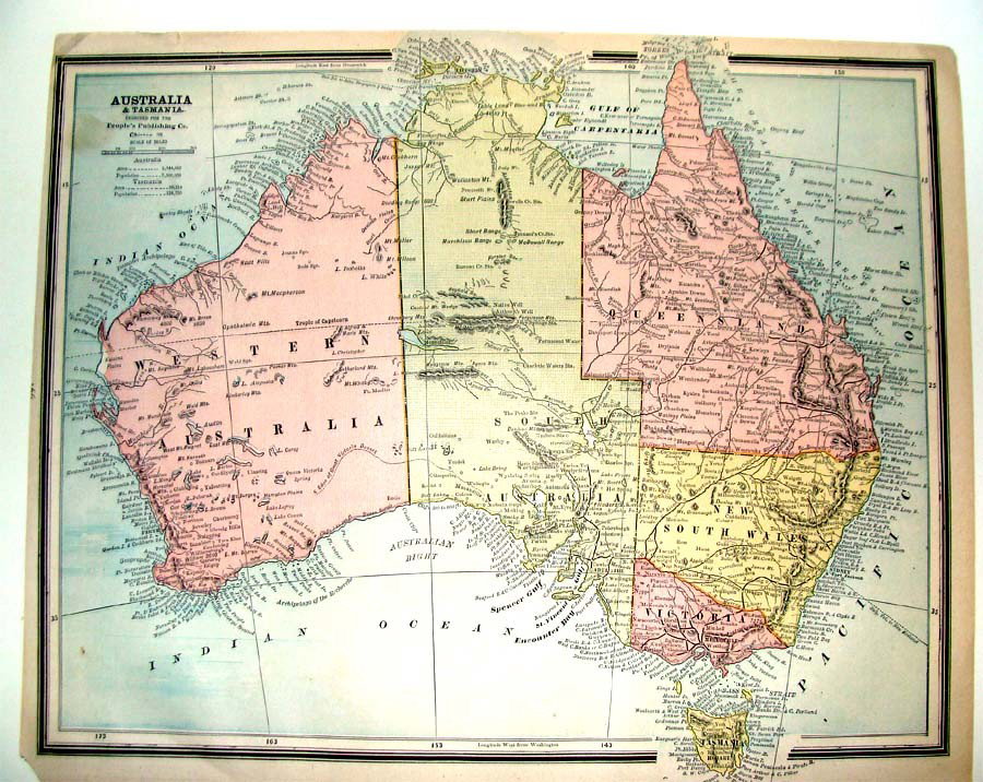 Antique Maps of Egypt, China and Australia Hand Colored: Chicago: People's Publishing Company, c.1889, there are three maps, Egypt and Australia on one side (two pages) and China on the opposite (two pages). Each single page dims 10" X 13"